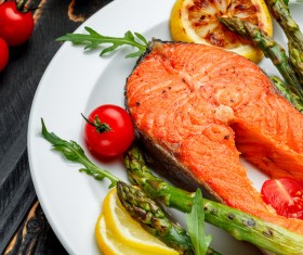 Crispy roasted salmon steak with vegetables Stock Photo 09