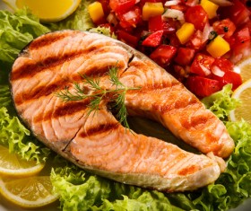 Crispy roasted salmon steak with vegetables Stock Photo 11