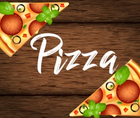 Delicious pizza with wooden background vector 01