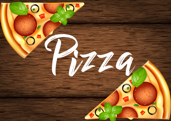 Delicious pizza with wooden background vector 01