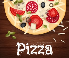 Delicious pizza with wooden background vector 02