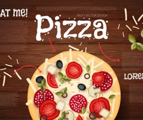Delicious pizza with wooden background vector 03