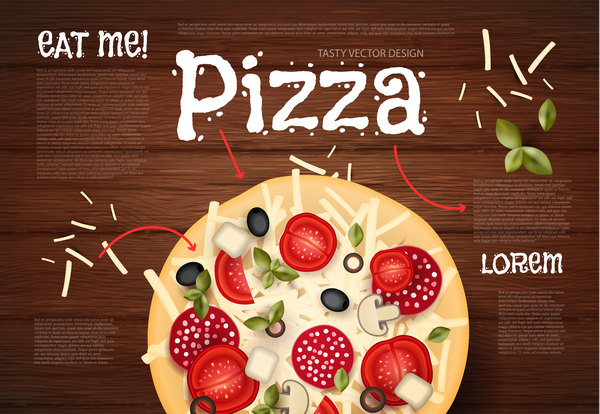 Delicious pizza with wooden background vector 03