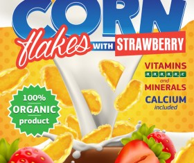 Flakes with delicious strawberry and milk splash advertising flyer vector 01