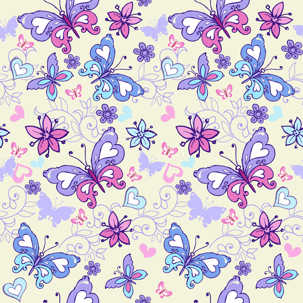 Floral seamless pattern with blue and pink butterflies vector