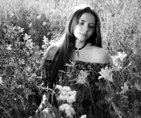 Flowers in the girls black and white photos Stock Photo