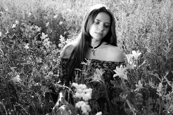 Flowers in the girls black and white photos Stock Photo