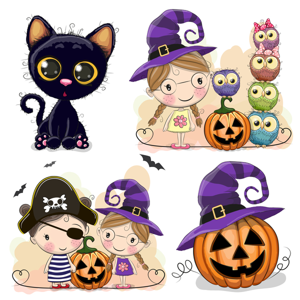 Halloween elements with cute kids cartoon vector 01