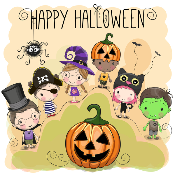 Halloween elements with cute kids cartoon vector 02 free download