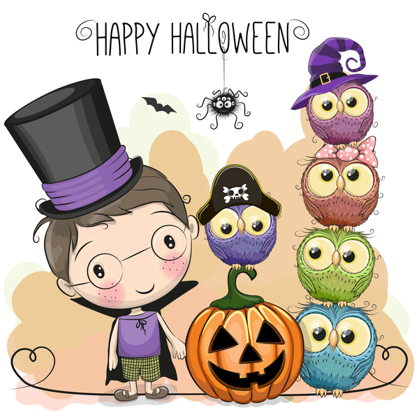 Halloween elements with cute kids cartoon vector 03