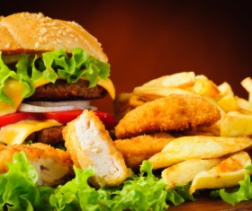 Hamburgers fried chicken and fries Stock Photo