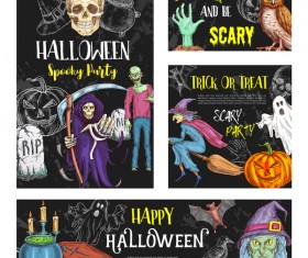 Hand drawn halloween elements with blackboard background vector