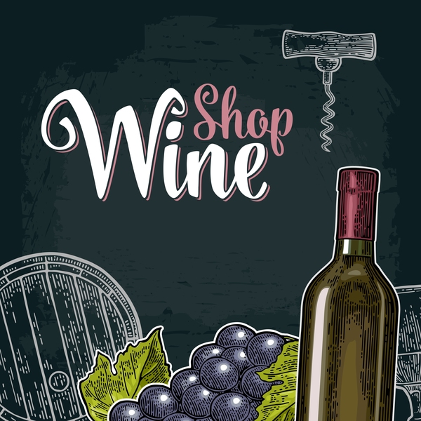 Hand drawn wine poster template with blackboard background vector 02