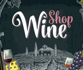 Hand drawn wine poster template with blackboard background vector 04