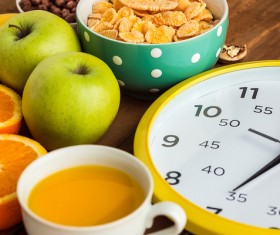 Milk Assorted Breakfast Apple Fresh Fruit Walnut Stock Photo 04