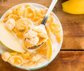 Milk Assorted Breakfast Apple Fresh Fruit Walnut Stock Photo 06