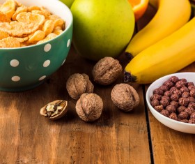 Milk Assorted Breakfast Apple Fresh Fruit Walnut Stock Photo 09