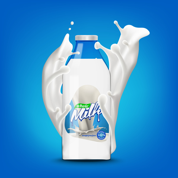 Milk bottle with splashing milk 3d vector illustration 01