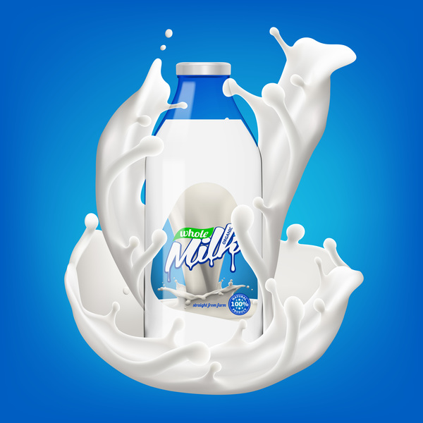 Milk bottle with splashing milk 3d vector illustration 02