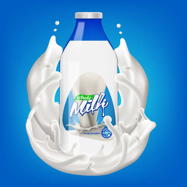 Milk bottle with splashing milk 3d vector illustration 03