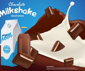 Milkshake with chocolate milk splash and berries poster vector template