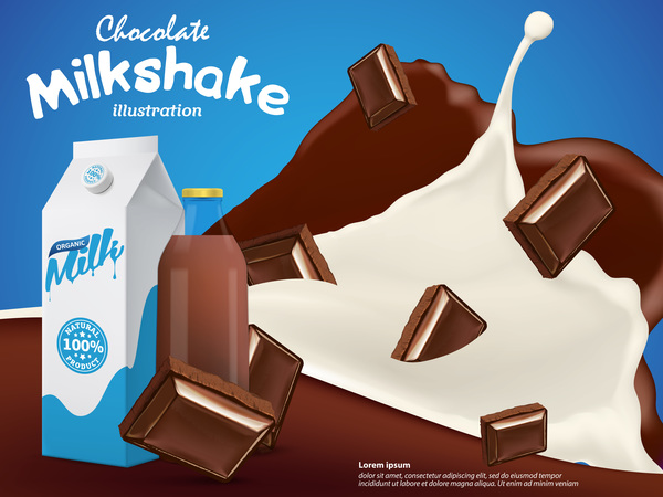 Milkshake with chocolate milk splash and berries poster vector template