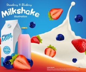 Milkshake with milk splash and berries poster vector template