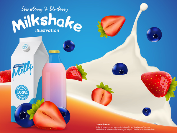 Milkshake with milk splash and berries poster vector template