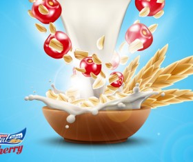 Oat flakes with milk splash and cherry advertising poster vector 01