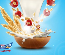 Oat flakes with milk splash and cherry advertising poster vector 02