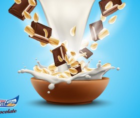 Oat flakes with milk splash and chocolate advertising poster vector