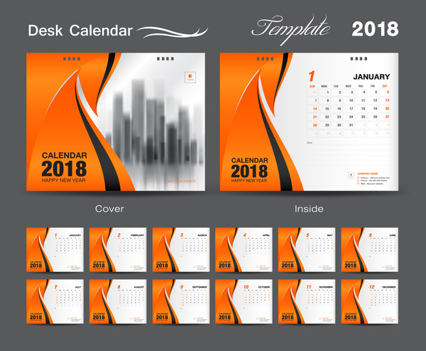 Orange cover desk calendar for 2018 year vector template 01