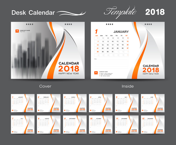 Orange cover desk calendar for 2018 year vector template 02