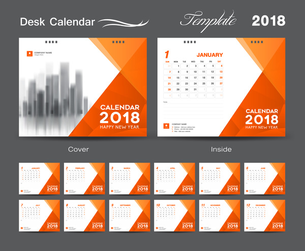 Orange cover desk calendar for 2018 year vector template 03