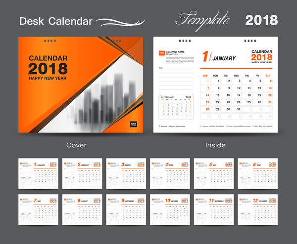 Orange cover desk calendar for 2018 year vector template 05