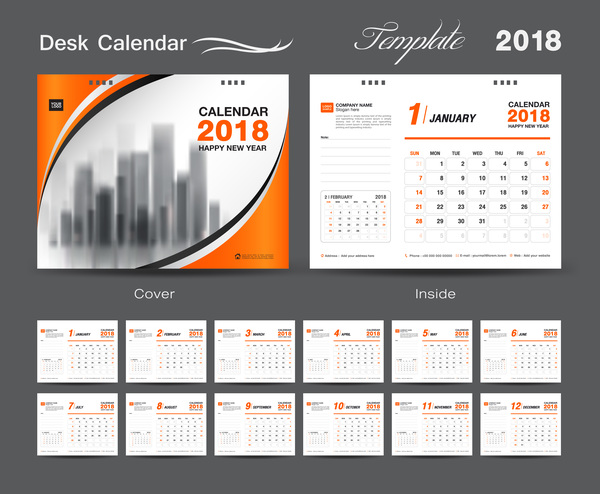 Orange cover desk calendar for 2018 year vector template 06