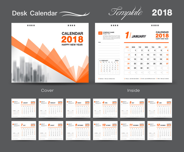 Orange cover desk calendar for 2018 year vector template 07