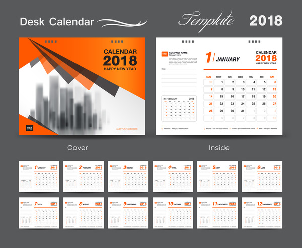 Orange cover desk calendar for 2018 year vector template 08