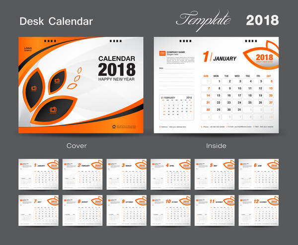 Orange cover desk calendar for 2018 year vector template 09