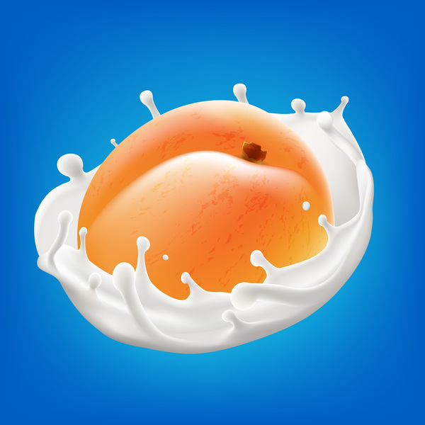 Peach with milk splash vector illustration