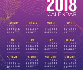 Purple 2018 calendar with wavy lines vector 01