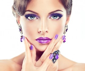 Purple makeup with nail beautiful woman Stock Photo