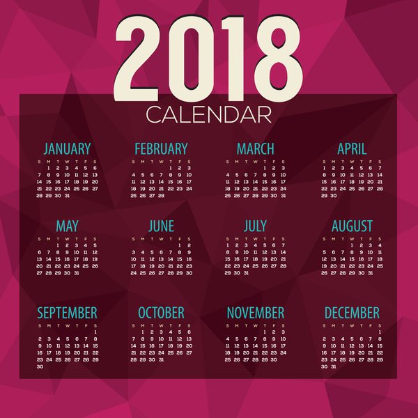 Purple with red 2018 calendar with polygon background vector