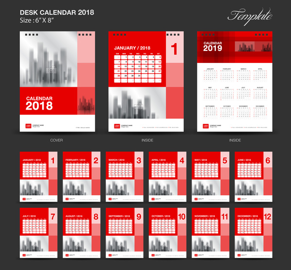 Red Desk Calendar 2018 vector template