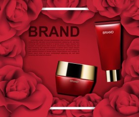 Red cosmetic set with red roses ads template vector 03