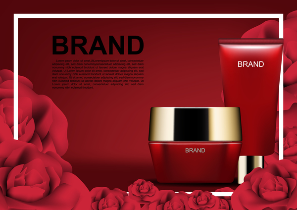 Red cosmetic set with red roses ads template vector 04
