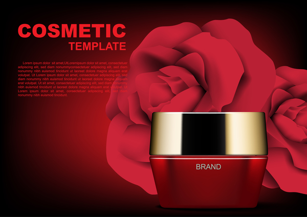 Red cosmetic set with red roses ads template vector 05