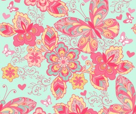 Seamless ornament with pink butterflies and blue background vector