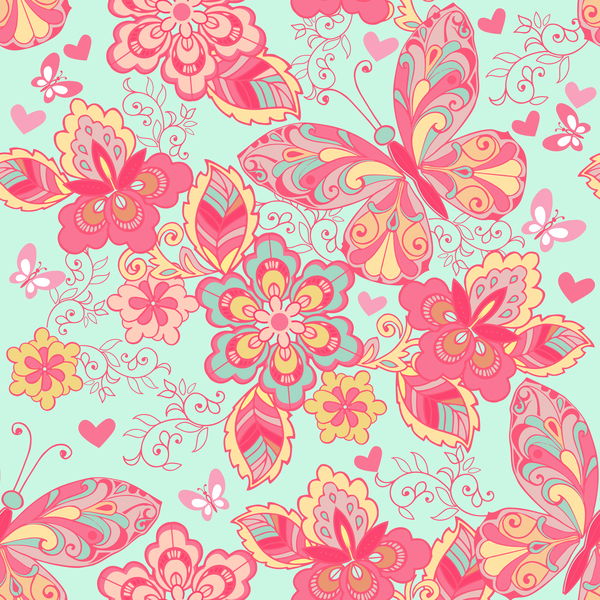Seamless ornament with pink butterflies and blue background vector