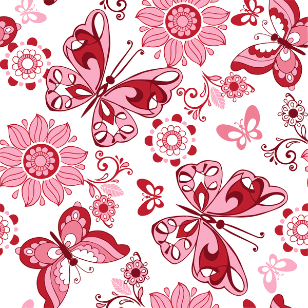 Seamless pattern of bright butterflies and flowers vector